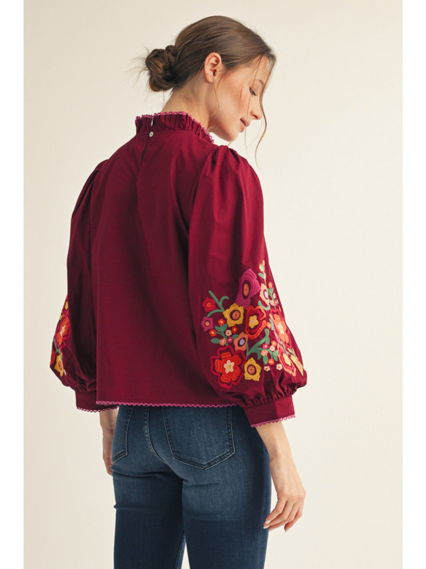Fall Floral Embroidery Blouse