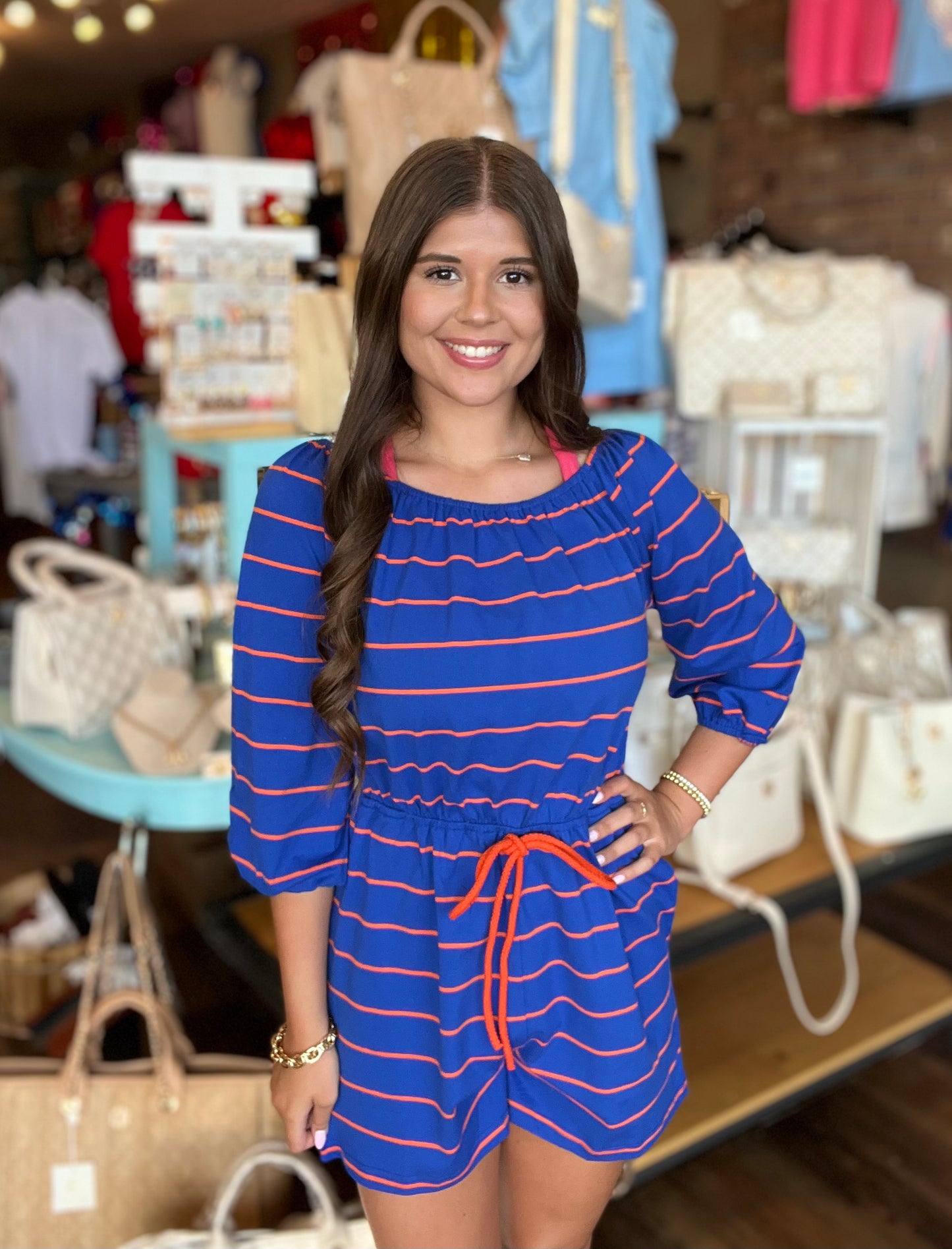 Striped Off-The-Shoulder Quarter Sleeve Romper