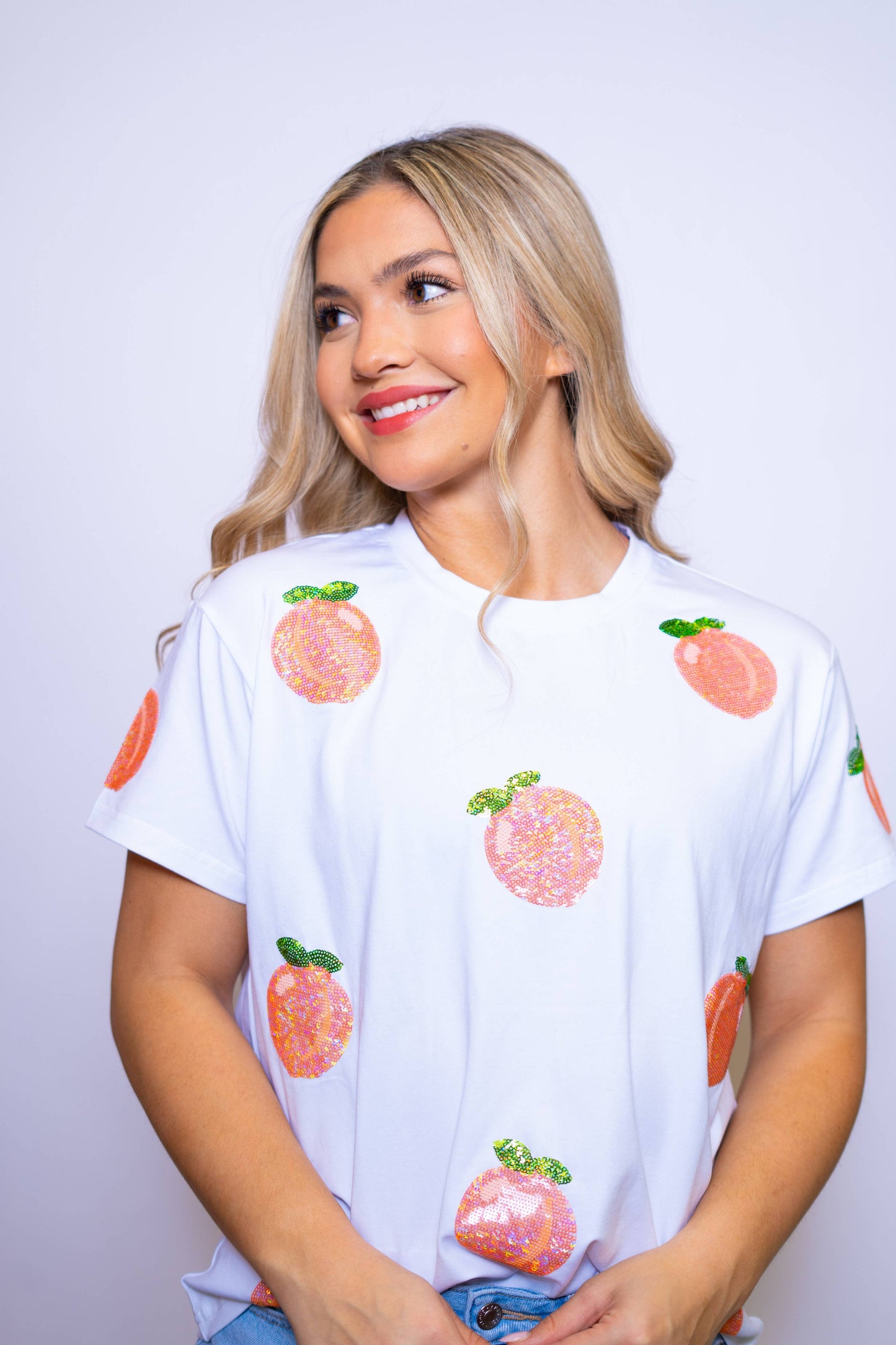 Scattered Peach Sequin Design (White)