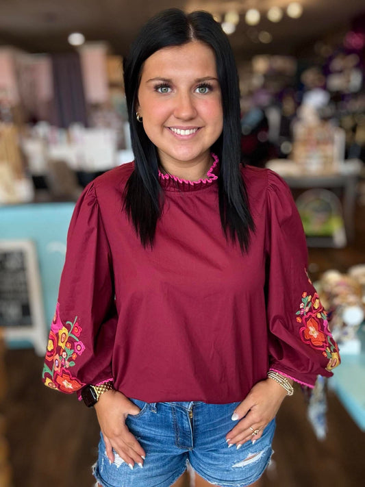 Fall Floral Embroidery Blouse