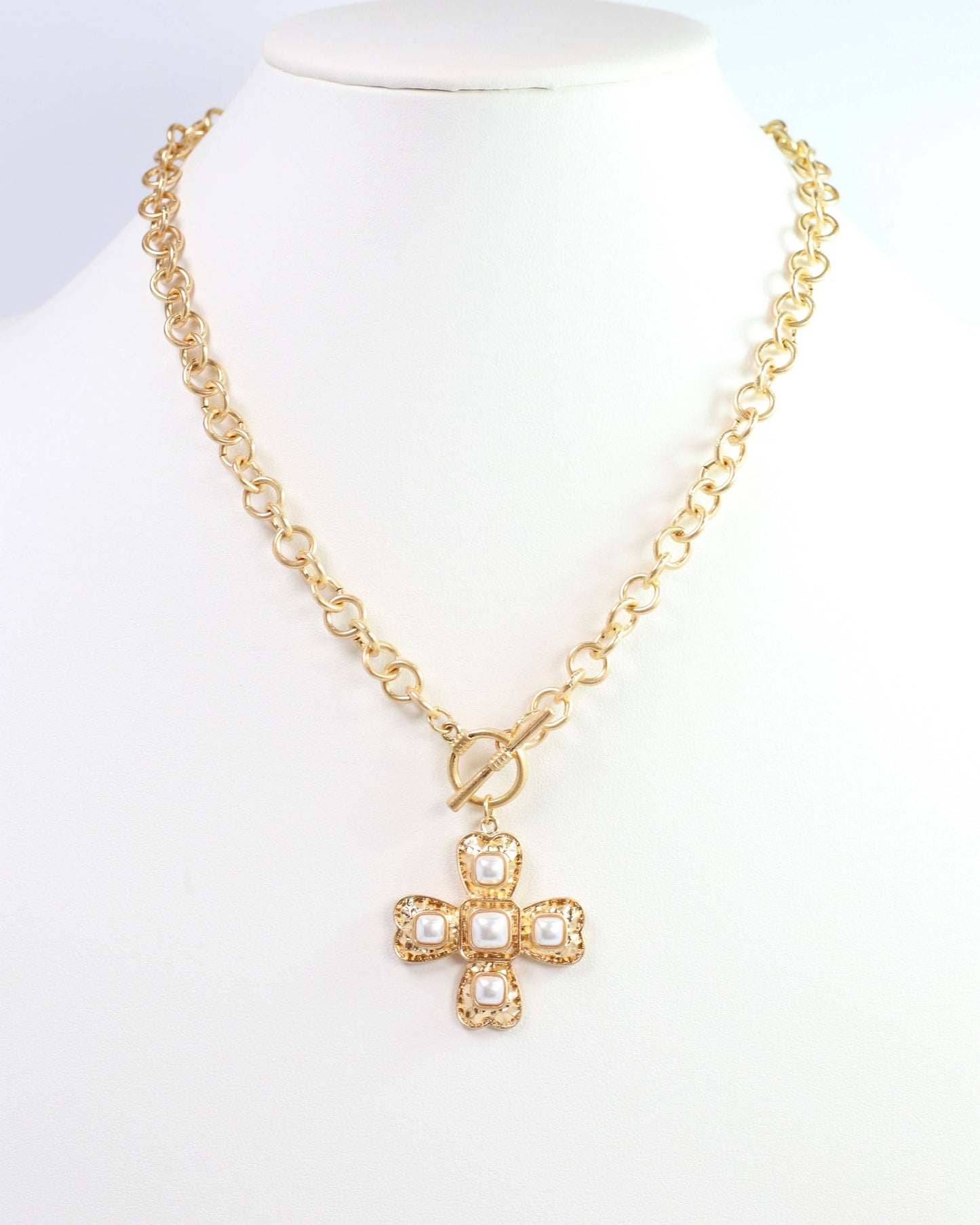 Palazzo Pearl and Gold Cross Necklace Worn Gold
