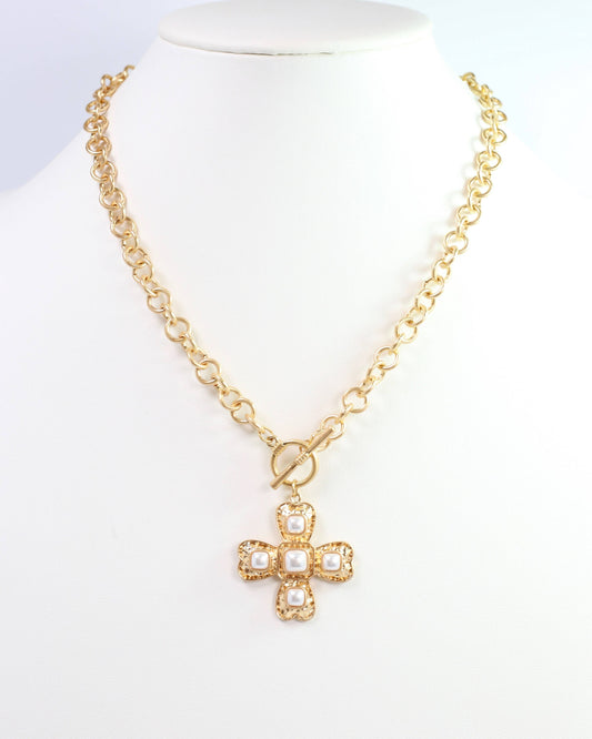 Palazzo Pearl and Gold Cross Necklace Worn Gold