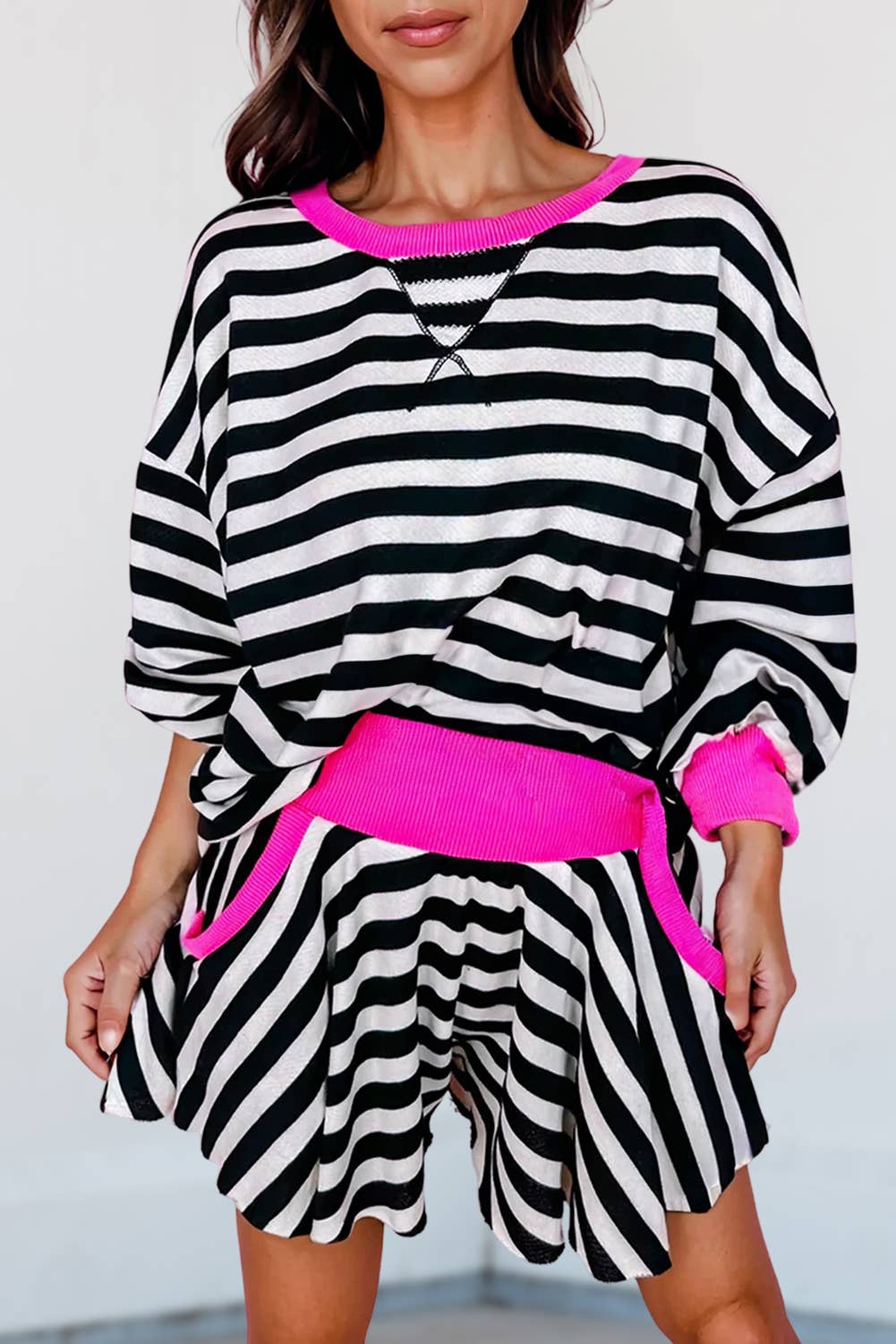 Stripe Contrast Long Sleeve Top Loose Shorts Set