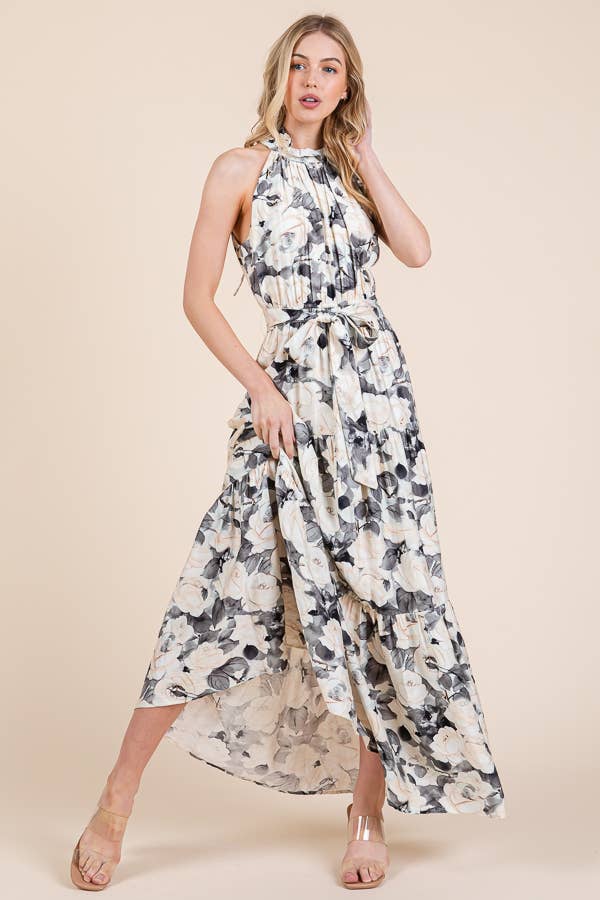 Floral Print Halter Neck Tie-Waist Tiered Maxi Dress