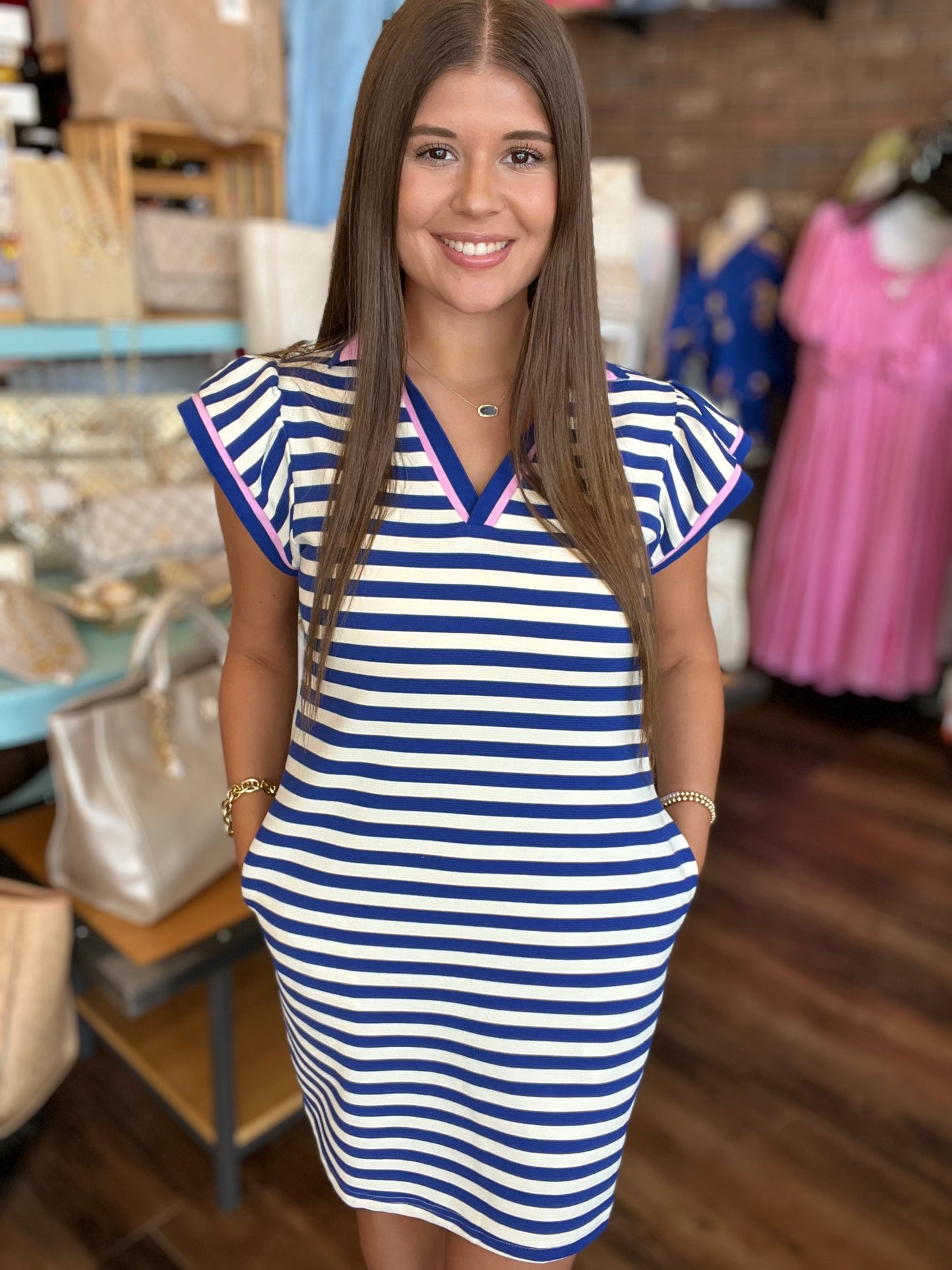 Striped Ruffle Short Sleeve V-Neck Fit Dress