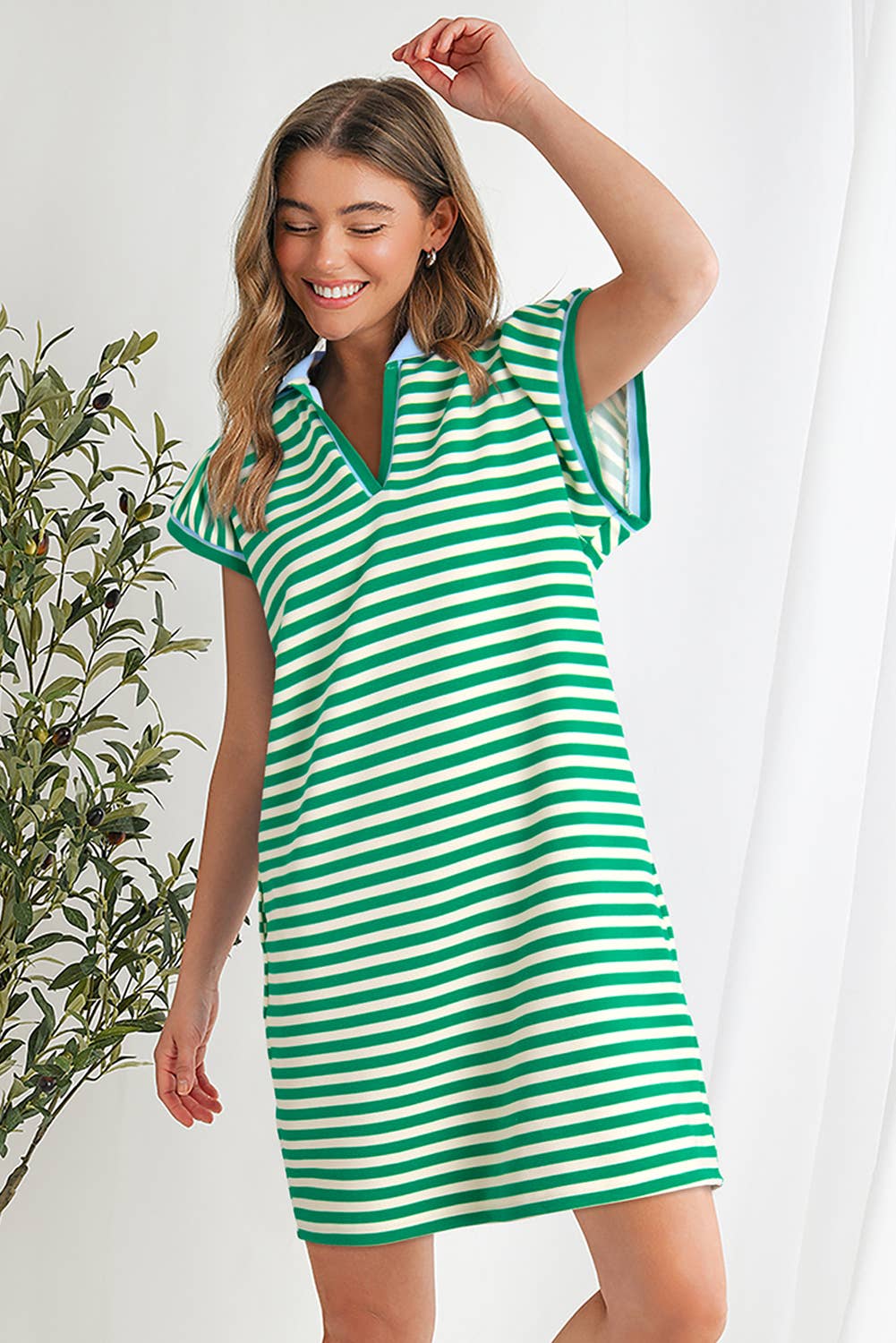 Striped Ruffle Short Sleeve V-Neck Fit Dress