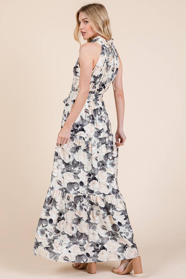 Floral Print Halter Neck Tie-Waist Tiered Maxi Dress