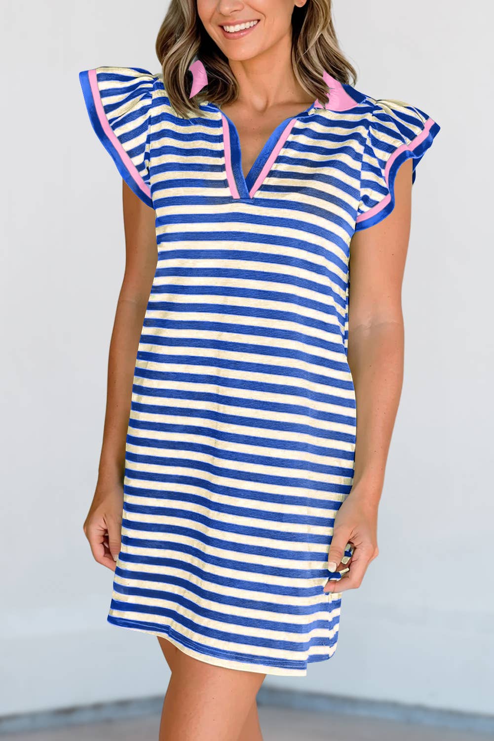 Contrast Striped Ruffle Short Sleeve V-Neck Fit Dress