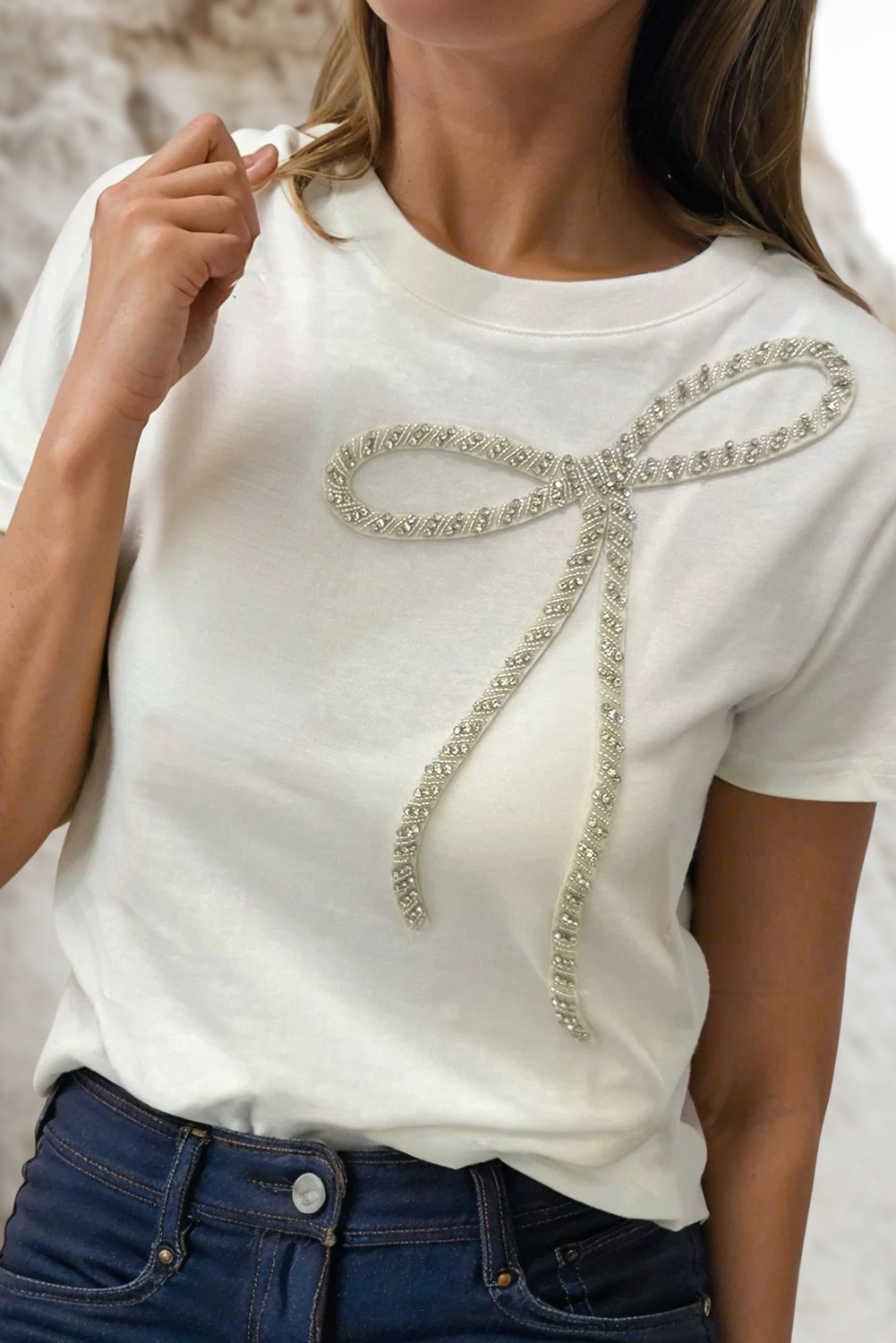 Rhinestone Bow Embellished Blouse