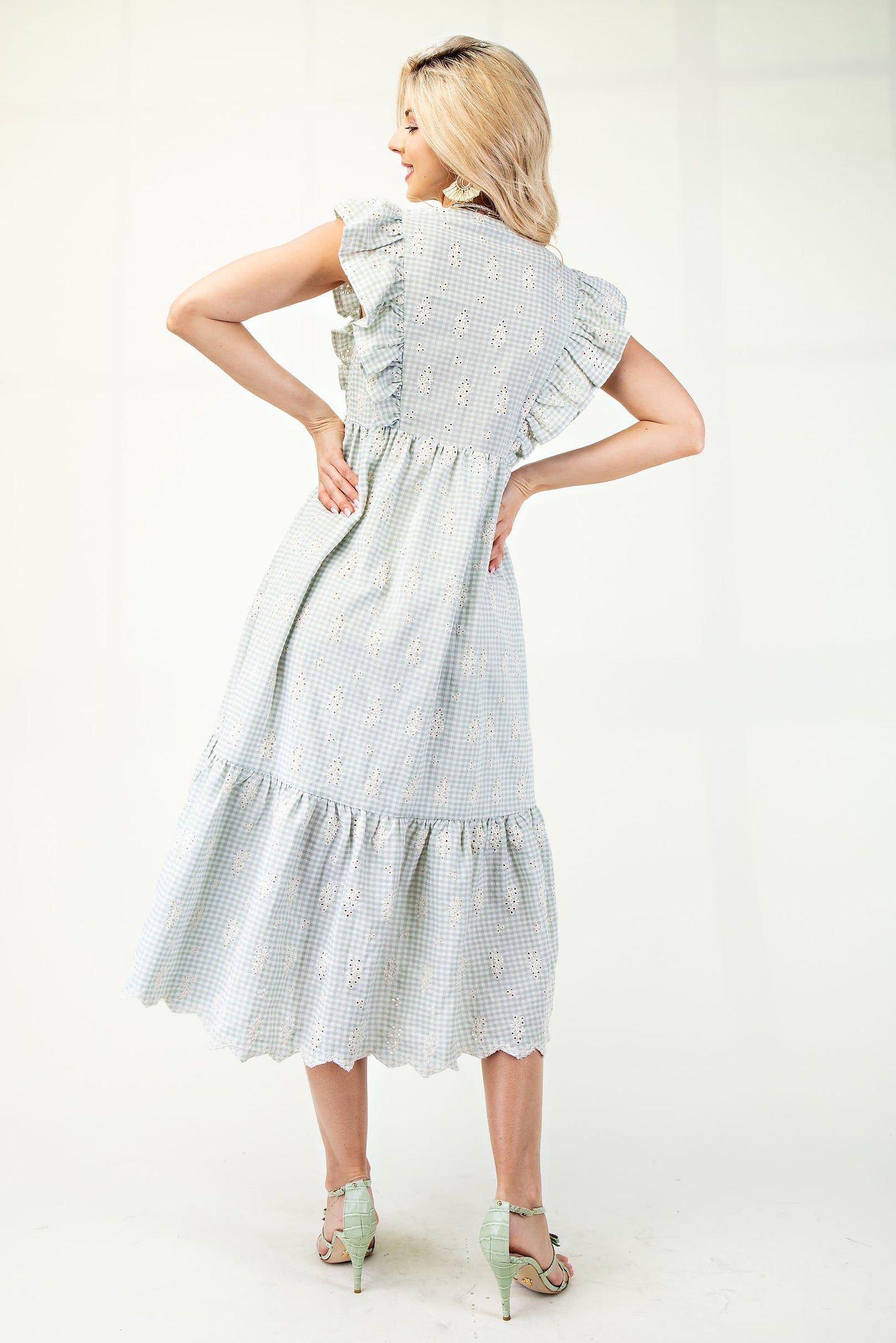 Gingham Print With Floral Embroidery Midi Dress