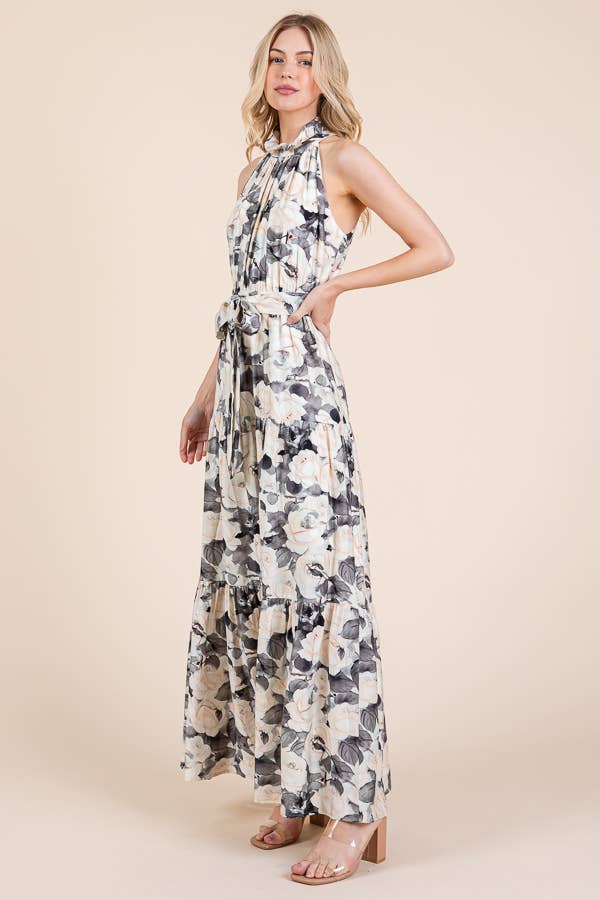 Floral Print Halter Neck Tie-Waist Tiered Maxi Dress