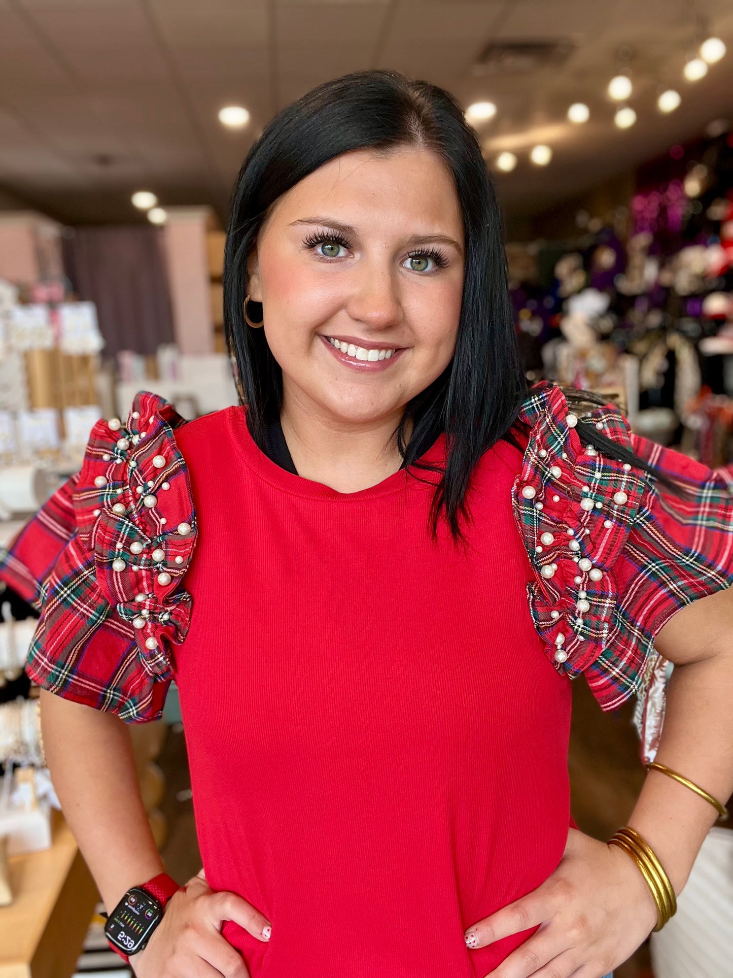 Red Plaid Pearl Ruffle Blouse