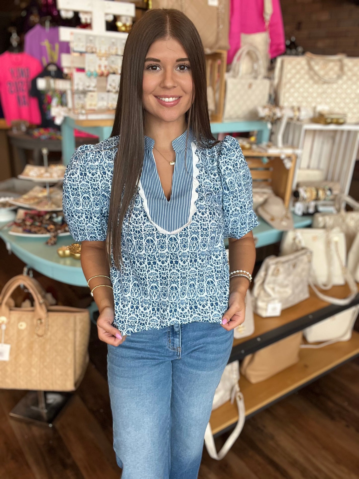 Navy Print Blouse