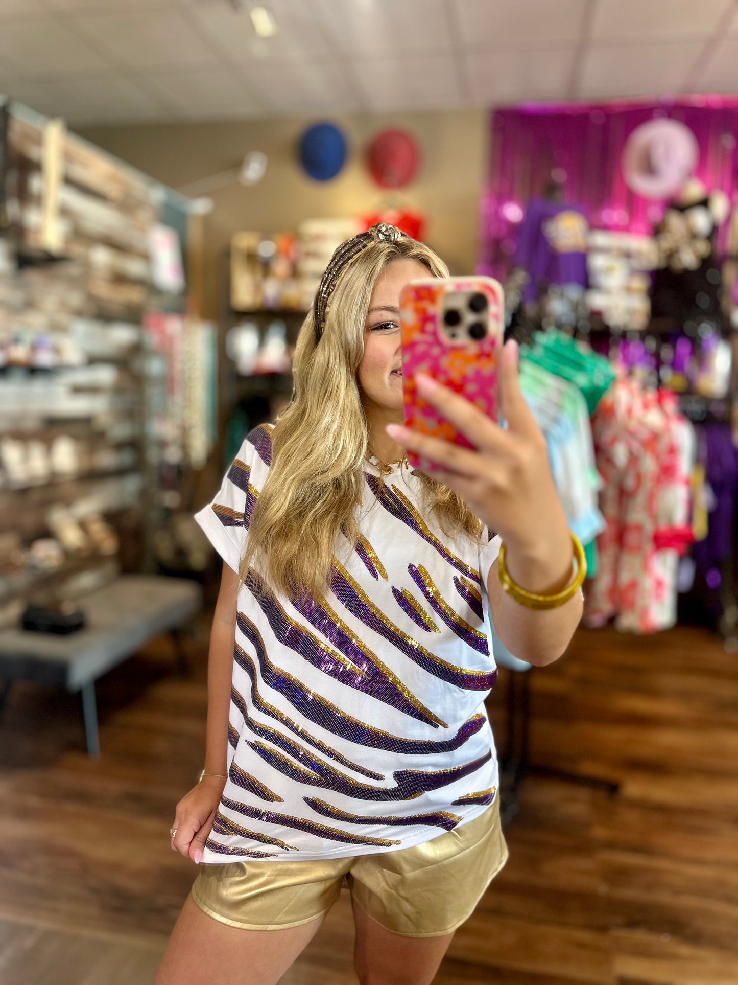Purple & Gold Tiger Stripe Sequin Design Tee
