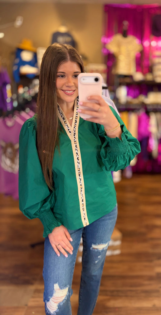 Leopard Contrast Trim V Neck Ruffle Blouse