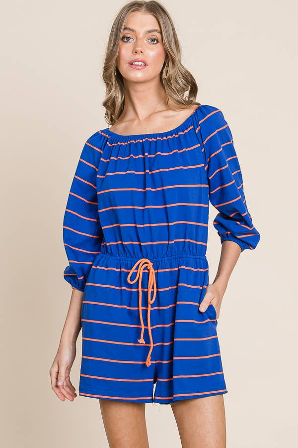 Striped Off-The-Shoulder Quarter Sleeve Romper