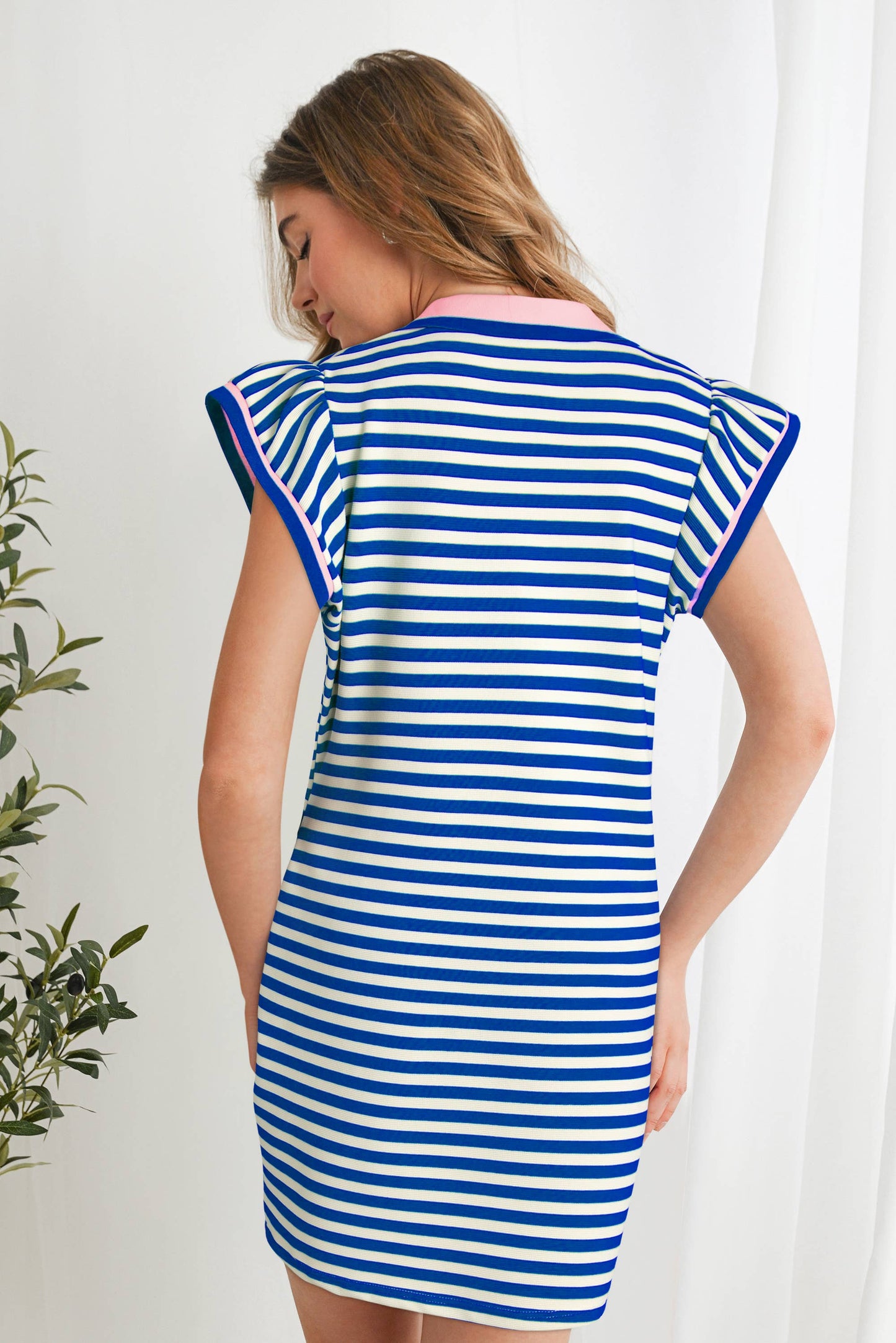 Striped Ruffle Short Sleeve V-Neck Fit Dress