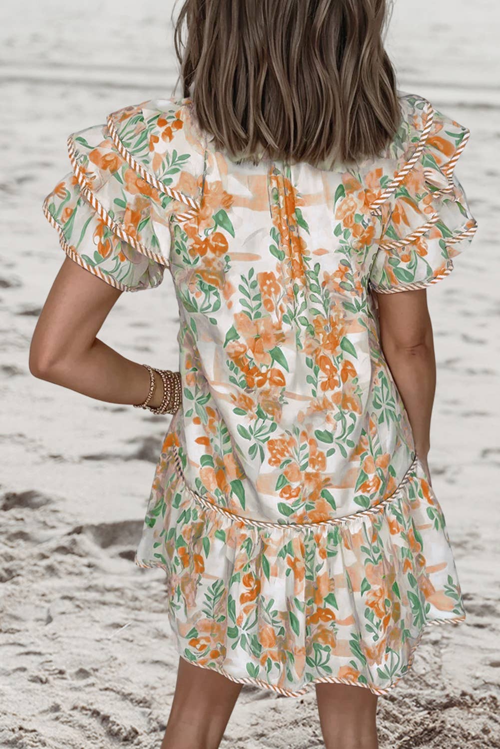 Floral Contrast Edge Layered Tied Neck Mini Dress