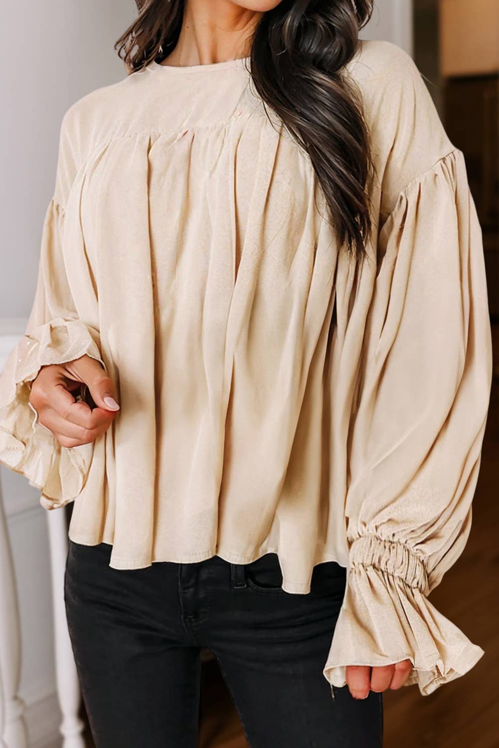 Pleated Ruffle Long Sleeve Chiffon Blouse
