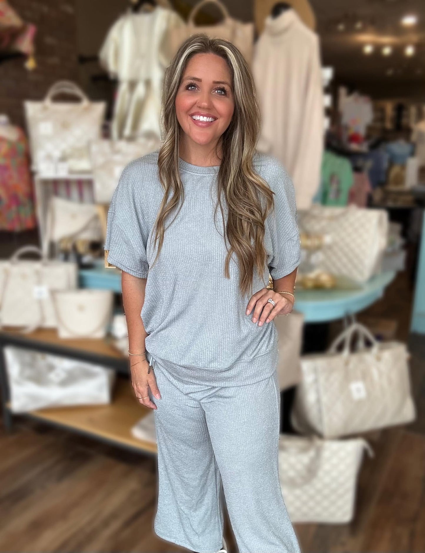 Double Take Full Size Texture Round Neck Short Sleeve T-Shirt and Wide Leg Pants - in Store