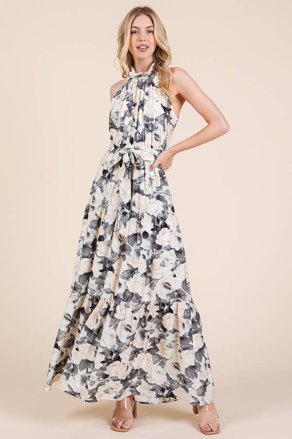 Floral Print Halter Neck Tie-Waist Tiered Maxi Dress