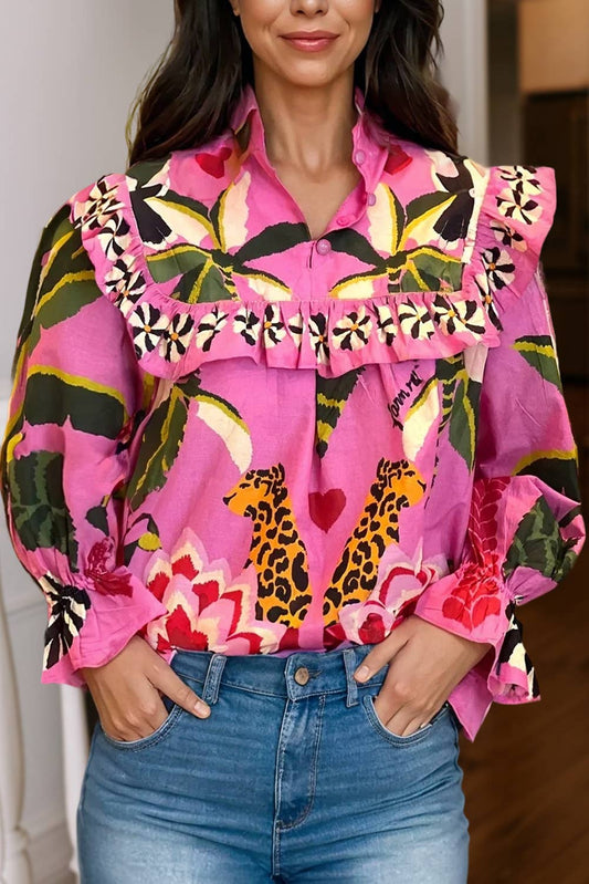 Leopard & Floral Print Ruffle Collared Blouse