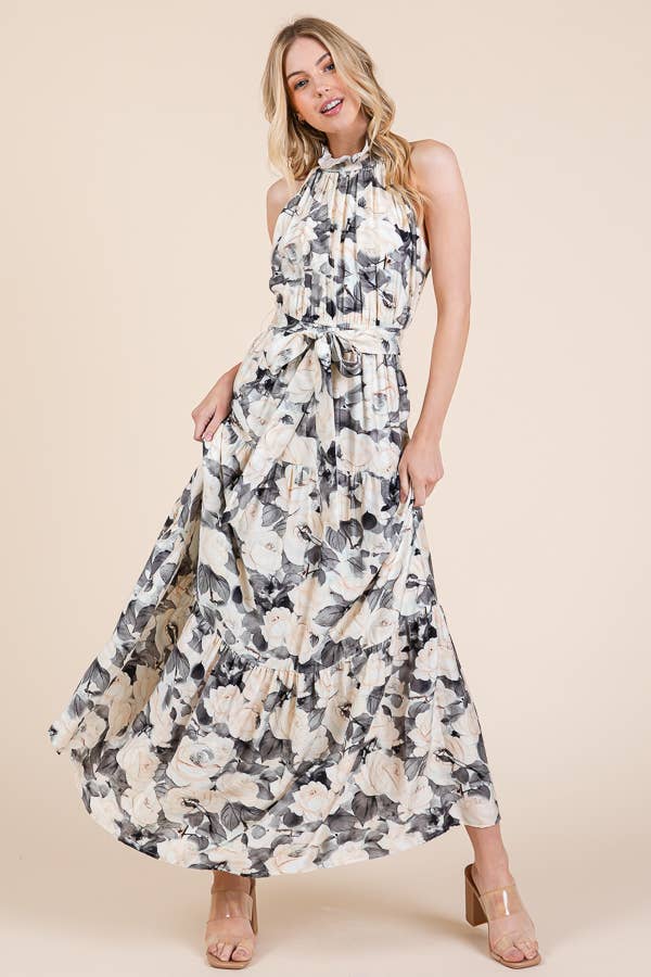 Floral Print Halter Neck Tie-Waist Tiered Maxi Dress