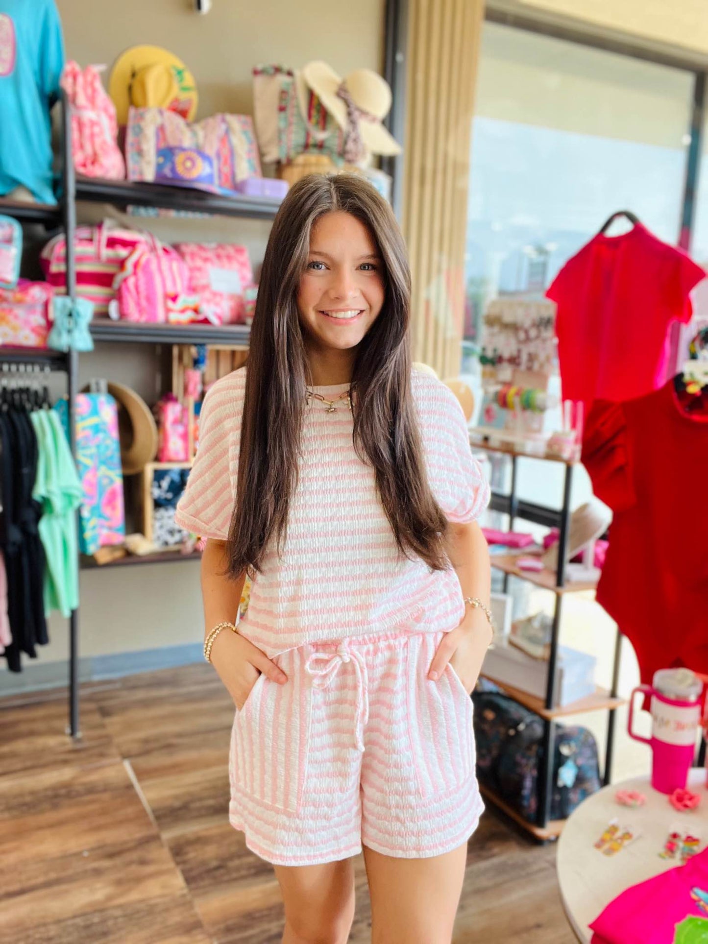 Stripe Knitted Top and Drawstring Shorts Set