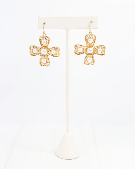 Palazzo Pearl and Gold Cross Earring Worn Gold