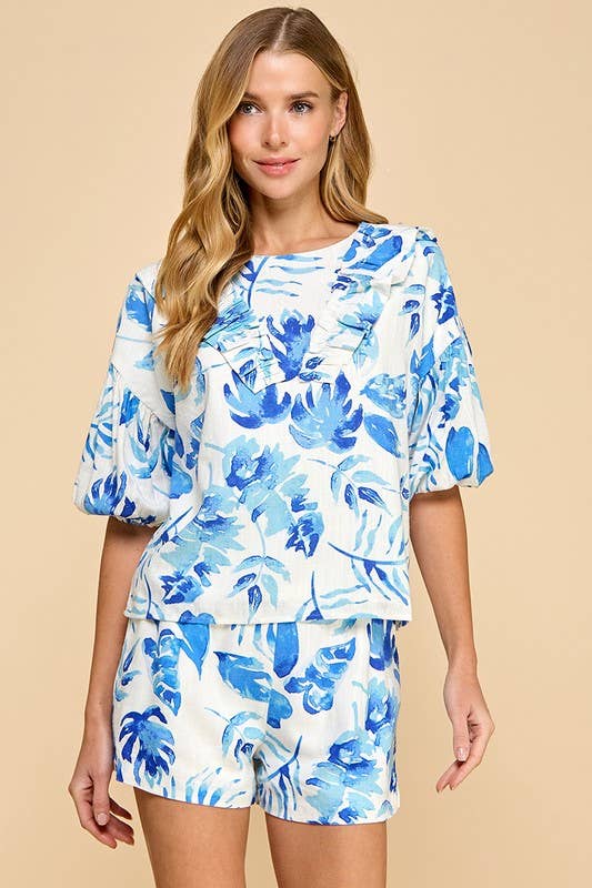 Palm Leaf Print Ruffled Top