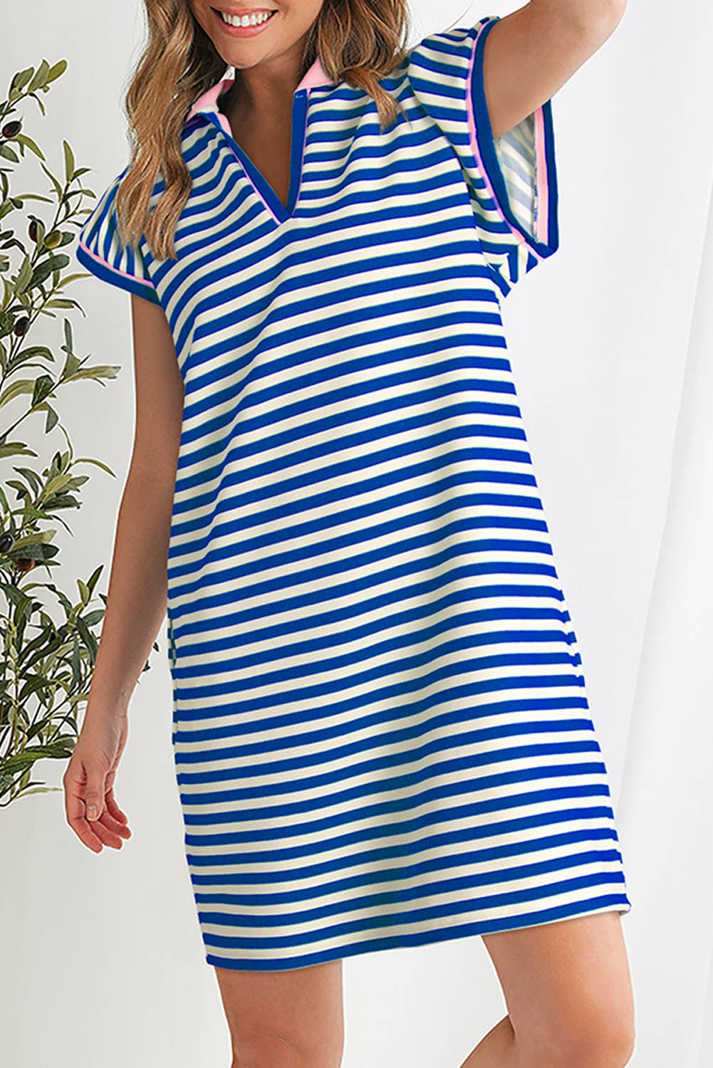 Striped Ruffle Short Sleeve V-Neck Fit Dress