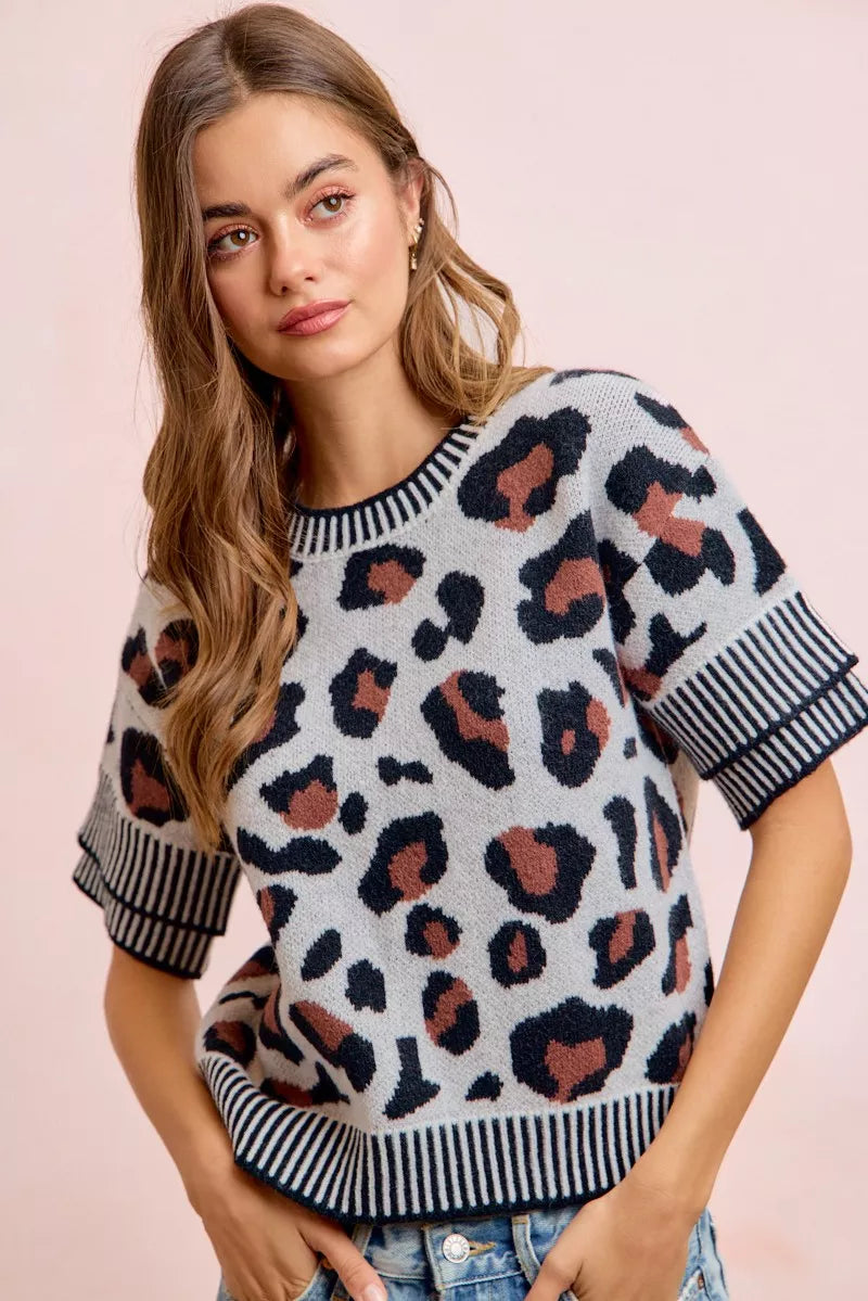 BiBi Two Tone Detail Leopard Knit Double Sleeves Top – Jaded the