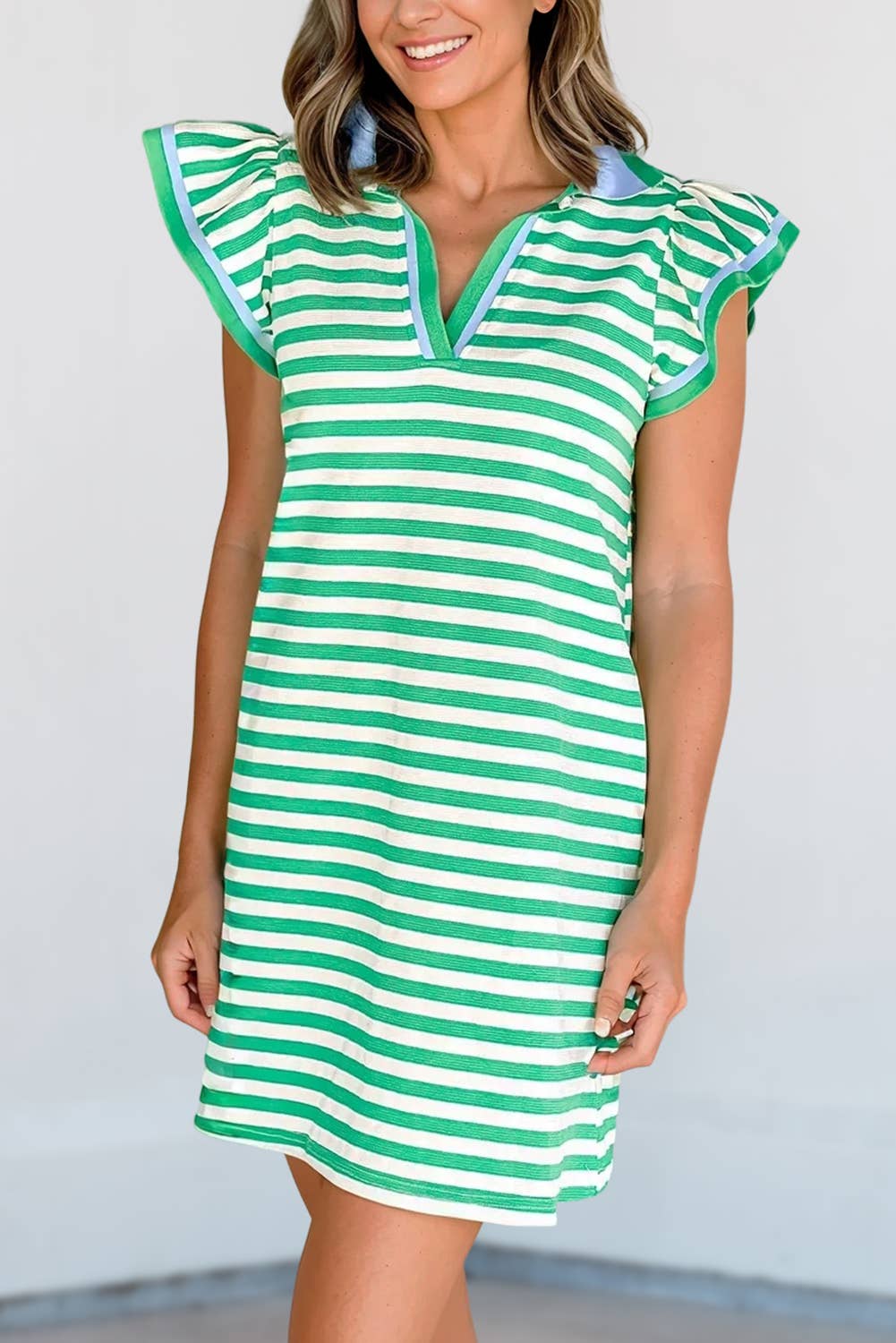 Contrast Striped Ruffle Short Sleeve V-Neck Fit Dress