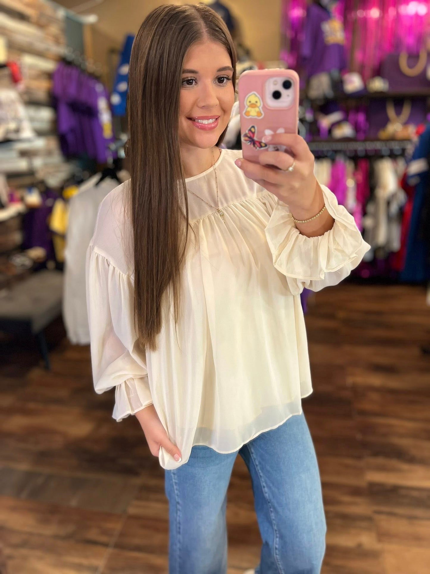 Pleated Ruffle Long Sleeve Chiffon Blouse