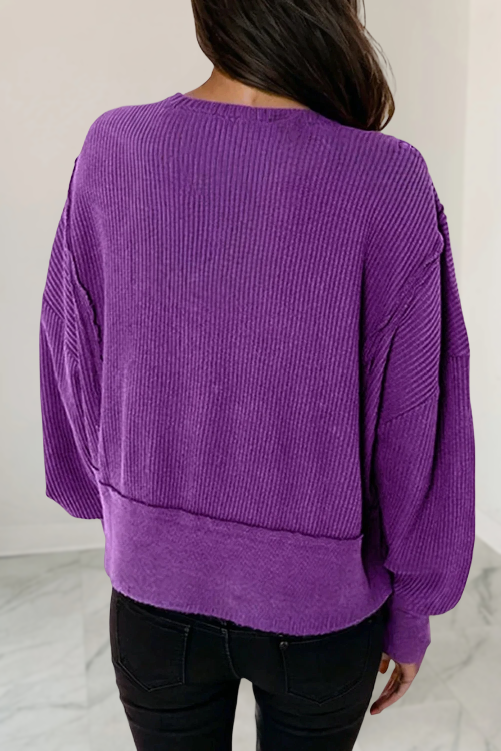 Solid Ribbed Drop Shoulder Sweatshirt