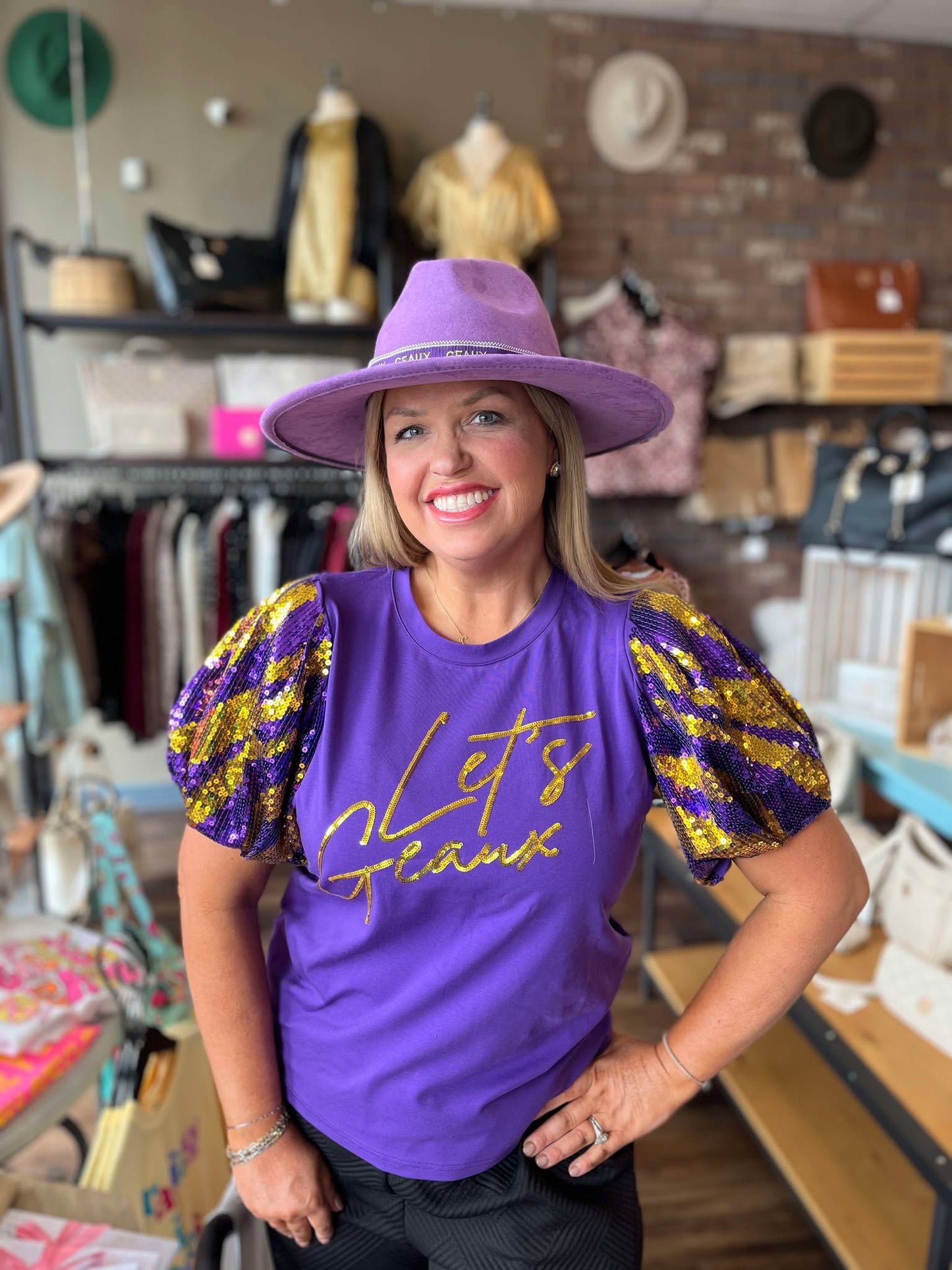 Let's Geaux Sequin Puff Sleeve Blouse