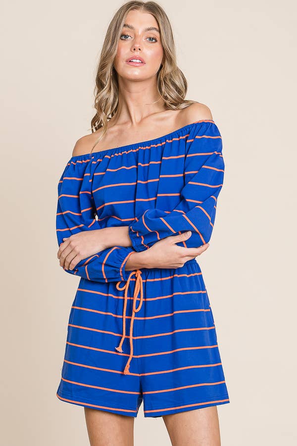 Striped Off-The-Shoulder Quarter Sleeve Romper
