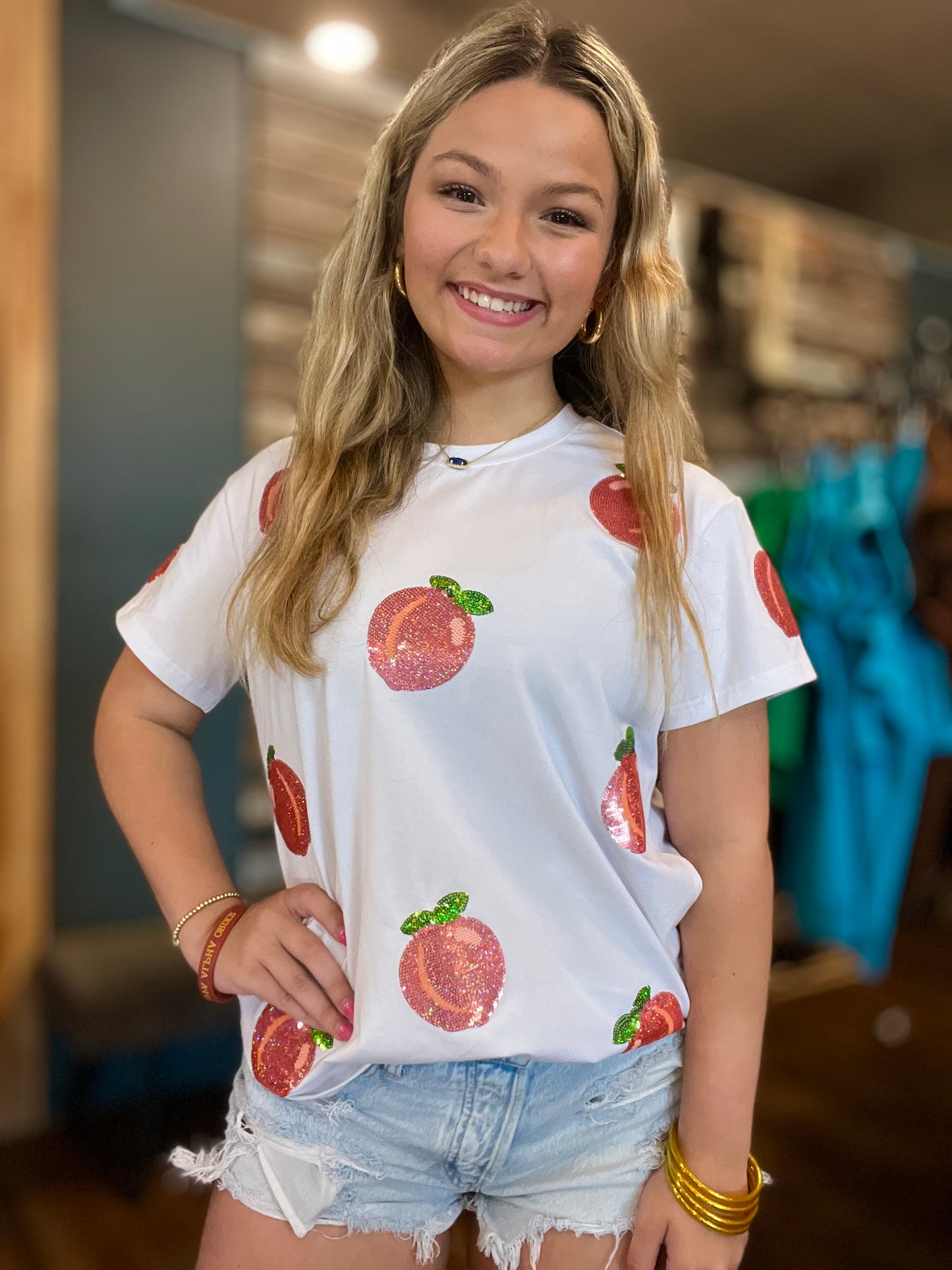 Scattered Peach Sequin Design (White)
