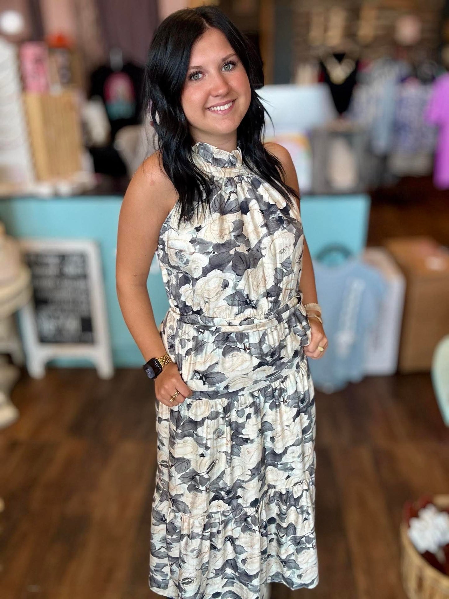 Floral Print Halter Neck Tie-Waist Tiered Maxi Dress