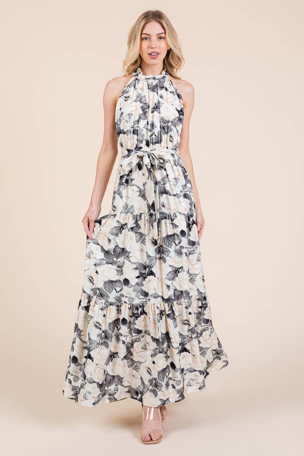 Floral Print Halter Neck Tie-Waist Tiered Maxi Dress