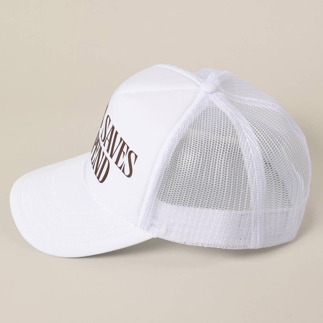 JESUS SAVES I SPEND Text Mesh Back Trucker Hat