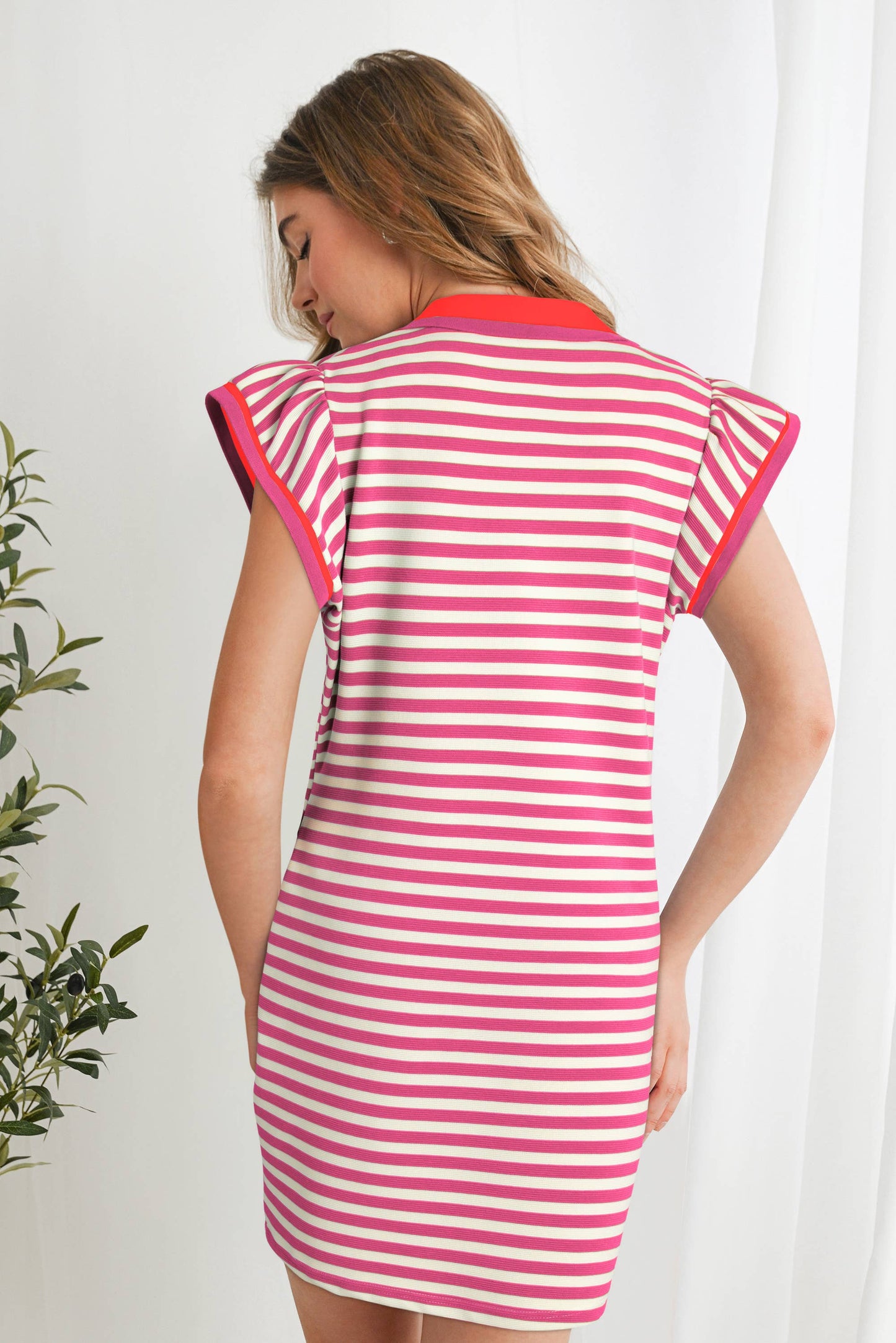 Striped Ruffle Short Sleeve V-Neck Fit Dress