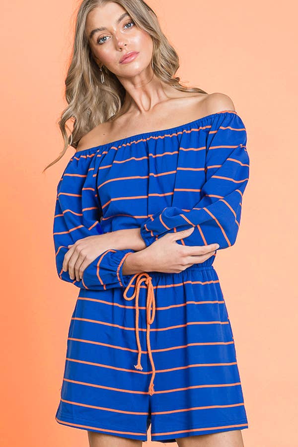 Striped Off-The-Shoulder Quarter Sleeve Romper