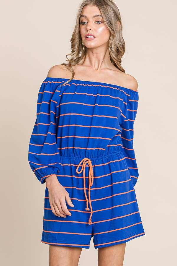 Striped Off-The-Shoulder Quarter Sleeve Romper