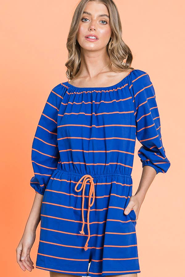 Striped Off-The-Shoulder Quarter Sleeve Romper