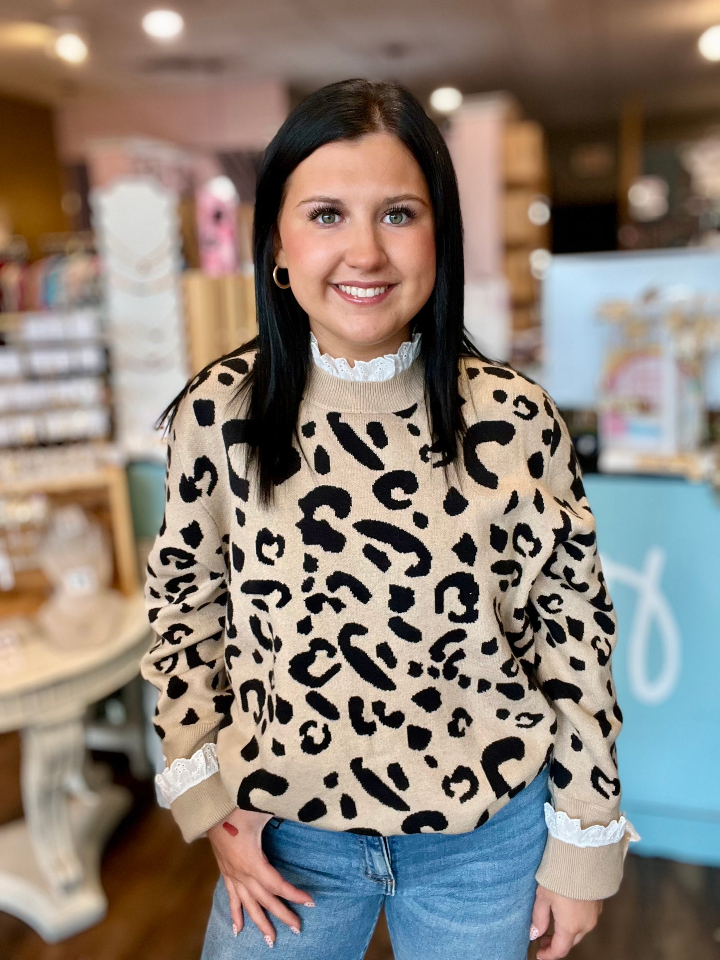 Leopard Lace Ribbed Button Cuff Sweater