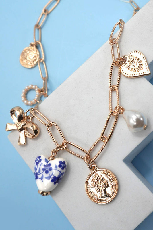 Blue Print Heart Charm Necklace