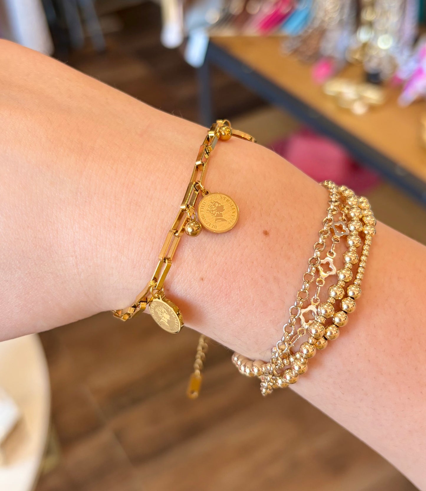 18k Stainless Steel Tarnish Free Coin Bracelet