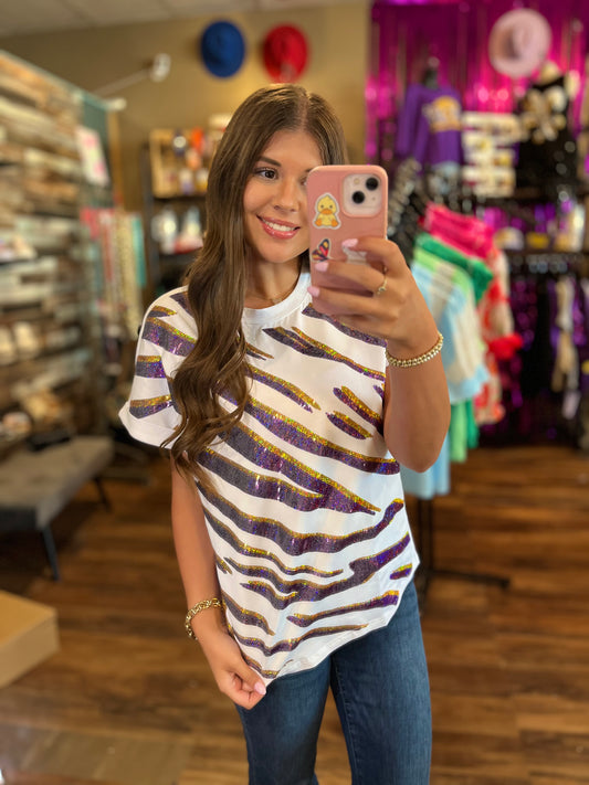 Purple & Gold Tiger Stripe Sequin Design Tee