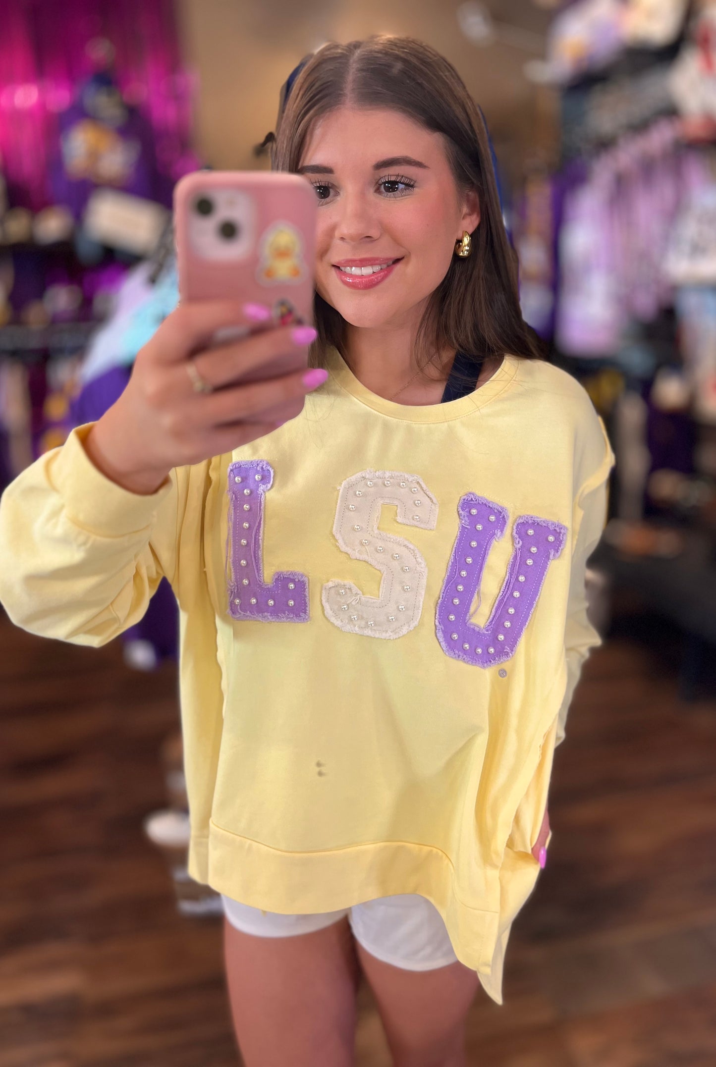 LSU (Licensed) | Women's Distressed Embroidery Pullover